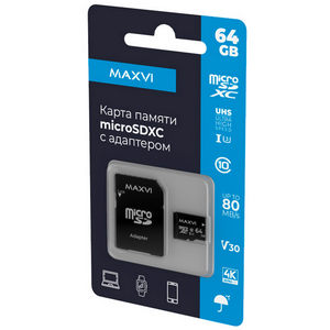 Карта памяти micro-SD Maxvi 64GB class 10 + адаптер (MSD64GBC10V30)
