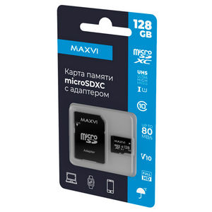 Карта памяти micro-SD Maxvi 128GB class 10 + адаптер (MSD128GBC10V50)