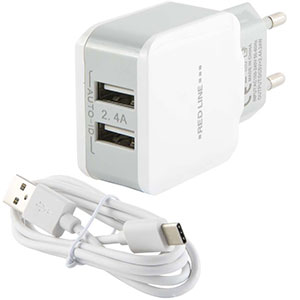 Заряд. устр. сетевое Red Line NC-2.4A 2 USB, 2,4A белый + кабель Type-C