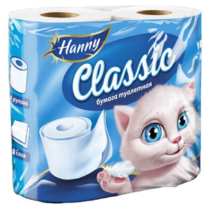 Бумага туалетная HANNY Classic 4шт, 2-х слойная, 17,5м, белая (4607127888151)