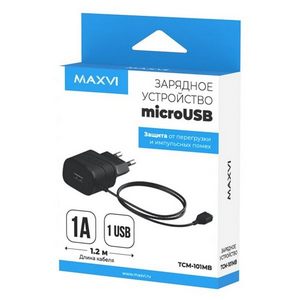 Заряд. устр. сетевое Maxvi TCM-101MB, 1 USB + встр. / каб. micro-USB, 1A черный