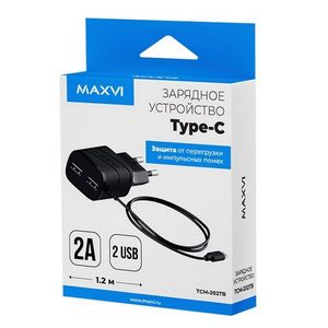 Заряд. устр. сетевое Maxvi TCM-202TB,  USB + встр. / каб. Type-C, 2A черный