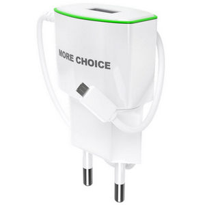 Заряд. устр. сетевое More choice NC40m, 1USB + встр. / каб. micro-USB, 1.0A white green