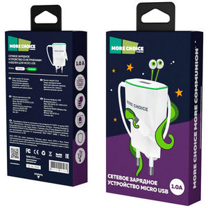 Заряд. устр. сетевое More choice NC40m, 1USB + встр. / каб. micro-USB, 1.0A white green