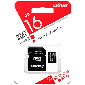 Карта памяти micro-SD Smartbuy 16GB class 10 + адаптер
