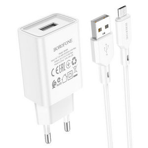Заряд. устр. сетевое Borofone BA68A Glacier, 1 USB + кабель micro-USB, 2.1A, белый
