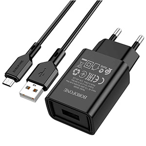 Заряд. устр. сетевое Borofone BA68A Glacier, 1 USB + кабель micro-USB, 2.1A, черный