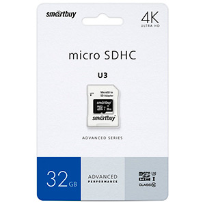 Карта памяти micro-SD Smartbuy 32GB class 10 U3 V30 + адаптер