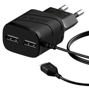 Заряд. устр. сетевое Maxvi TCM-202MB,  USB + встр. / каб. micro-USB, 2A черный