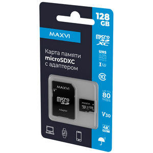 Карта памяти micro-SD Maxvi 128GB class 10 + адаптер (MSD128GBC10V30)