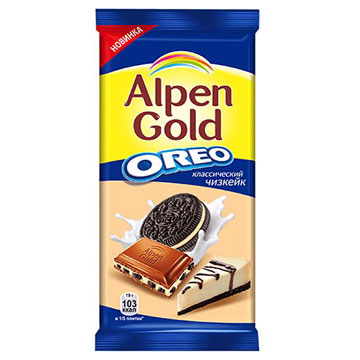 Шоколад Альпен Гольд 90г молочный со вкусом чизкейка и кусочками печенья